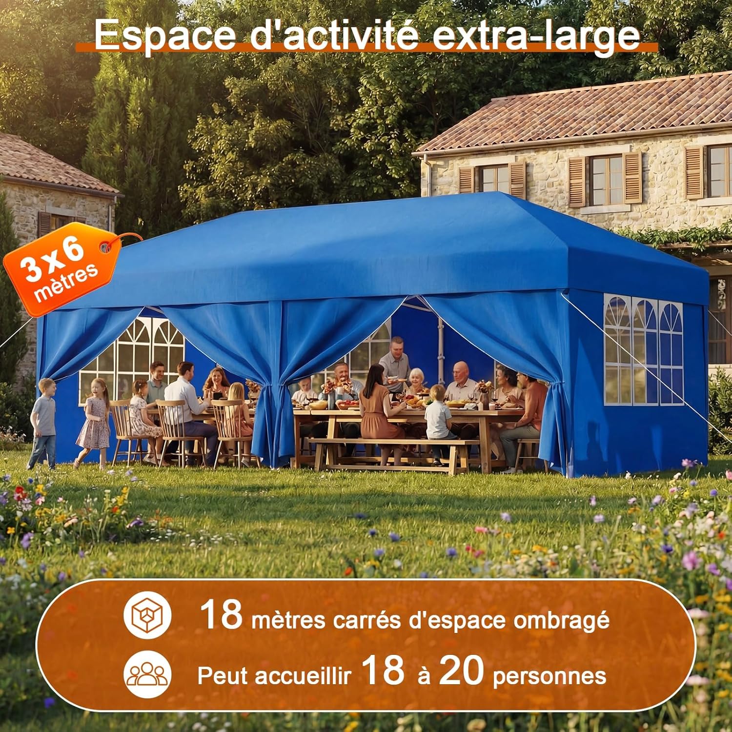 Devoko - tonnelle pliante - 3x6 m - 6 parois, 3 hauteurs, imperméable, UV 50+