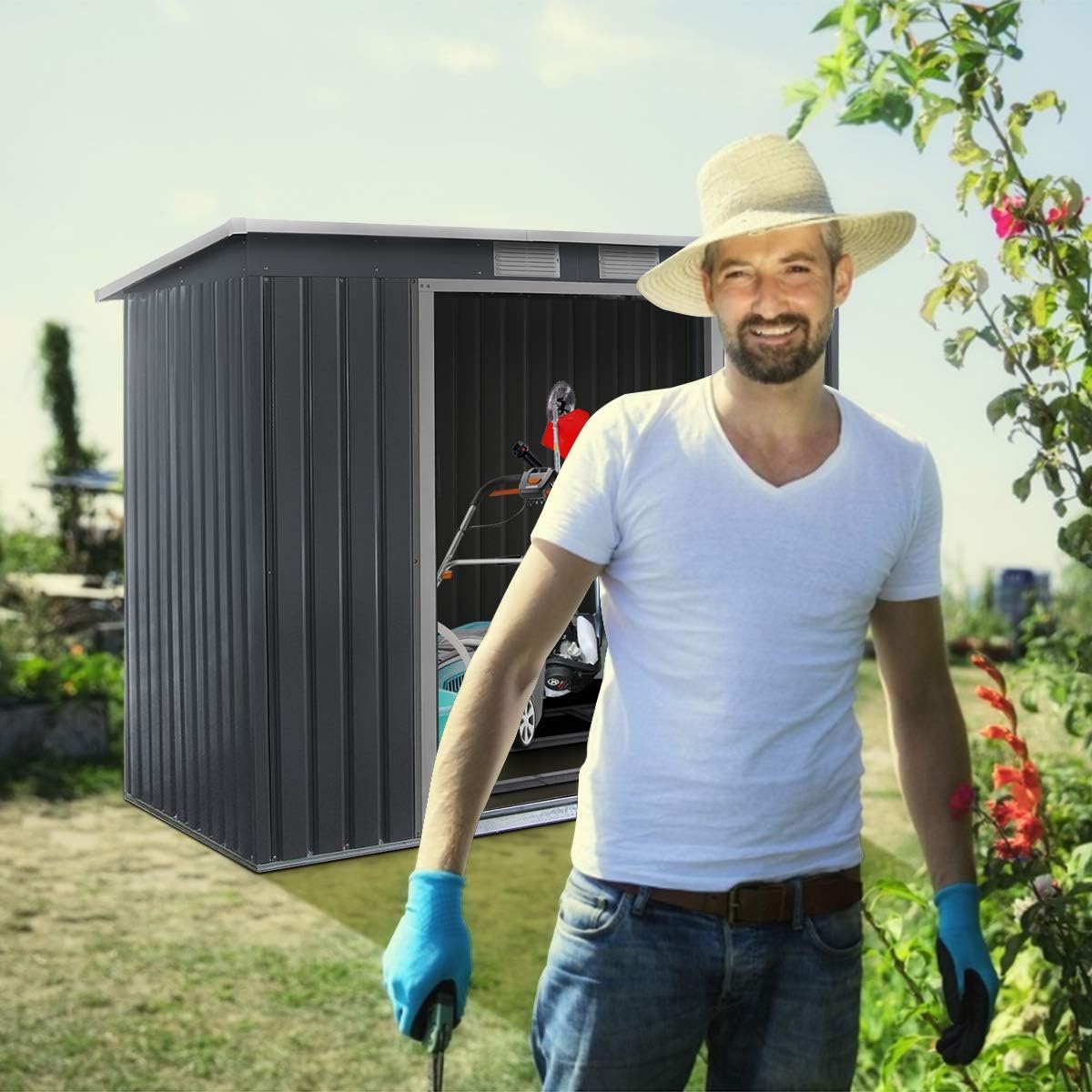 GOPLUS 2,37M² Abri de Jardin en Acier Galvanisé Résistant 4,1m³, 213x130x173CM, Cabane de Jardin Exterieur avec 2 Portes Coulissant, 2 Aérations, Toit Incliné, Rangement Outils pour Pelouse, Patio