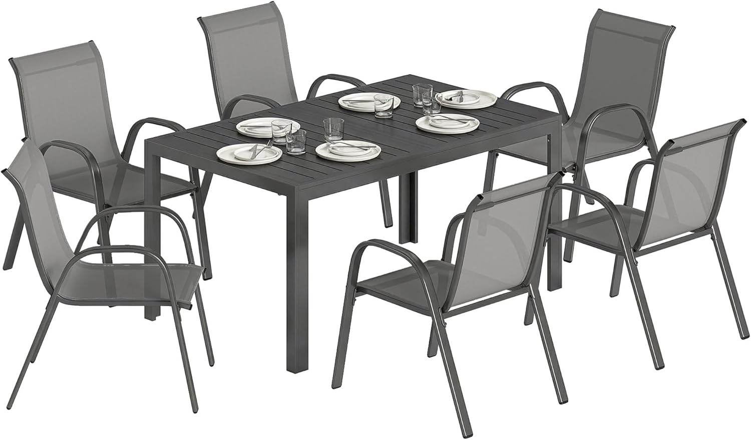 Outsunny - Salon de jardin extérieur 7 pcs - 150cm - table à lattes, acier antirouille, 6 chaises empilables, gris clair