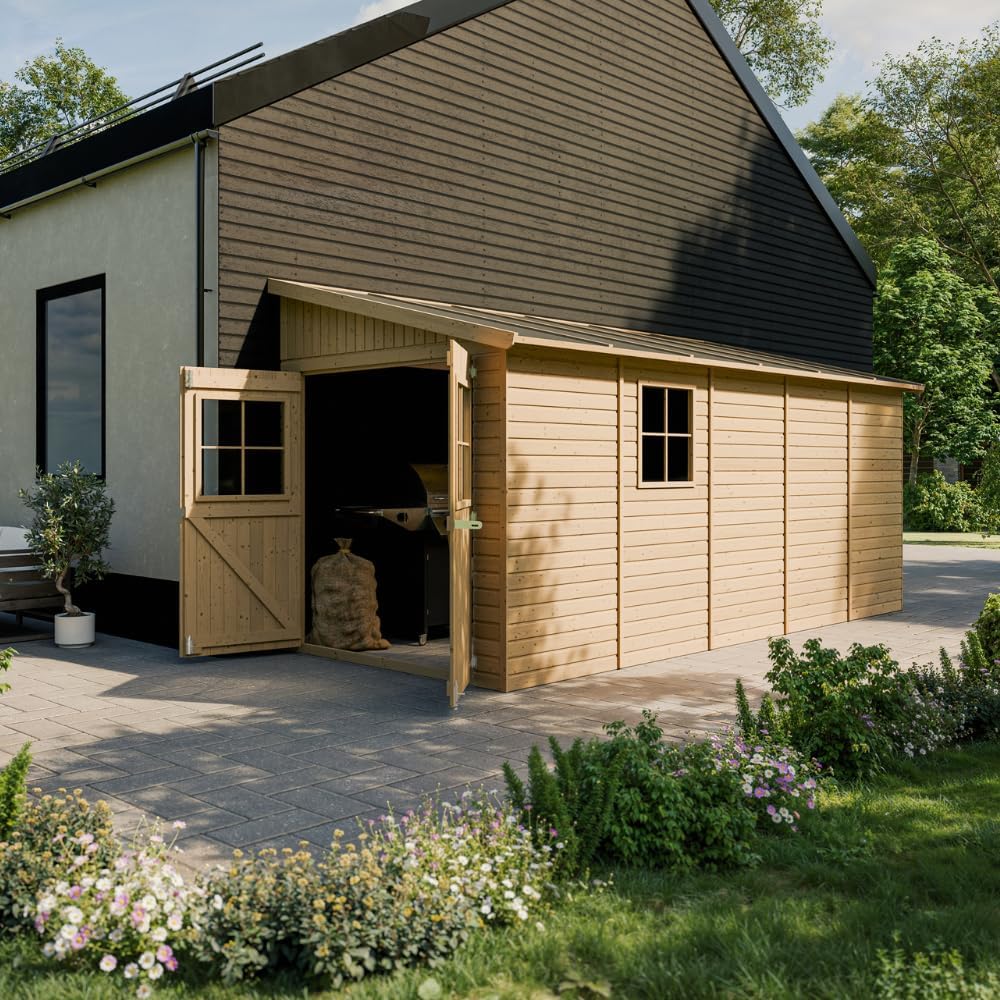 TIMBELA M341 Abri de Jardin en Bois Naturel (sans paroi latérale)- Stockage extérieur avec fenêtres- H244x216x513 cm/10 m2, Hangar en Bois Naturel - Atelier Rangement Outils et vélos The Forest Stewardship Council