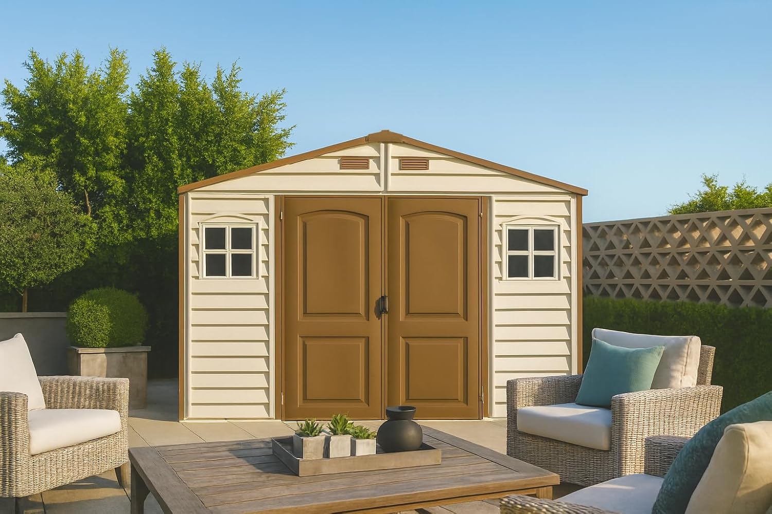Duramax WoodSide 10 x 8 (7.64 m²) Abri de jardin en plastique avec 3 fenêtres fixes et kit de fondation en métal, structure de toit en métal robuste, ignifuge et sans entretien - Ivory/Brown