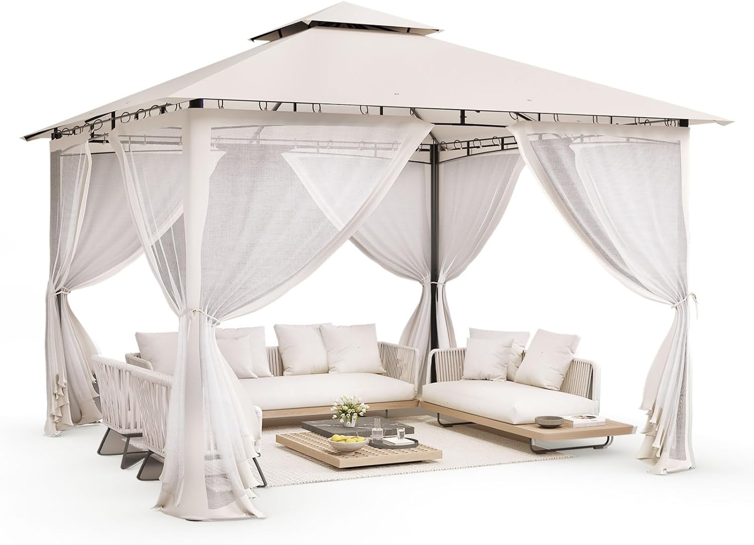 UDPATIO - tonnelle double toiture 3.4x3.4m, moustiquaire, métal solide, UDPATIO