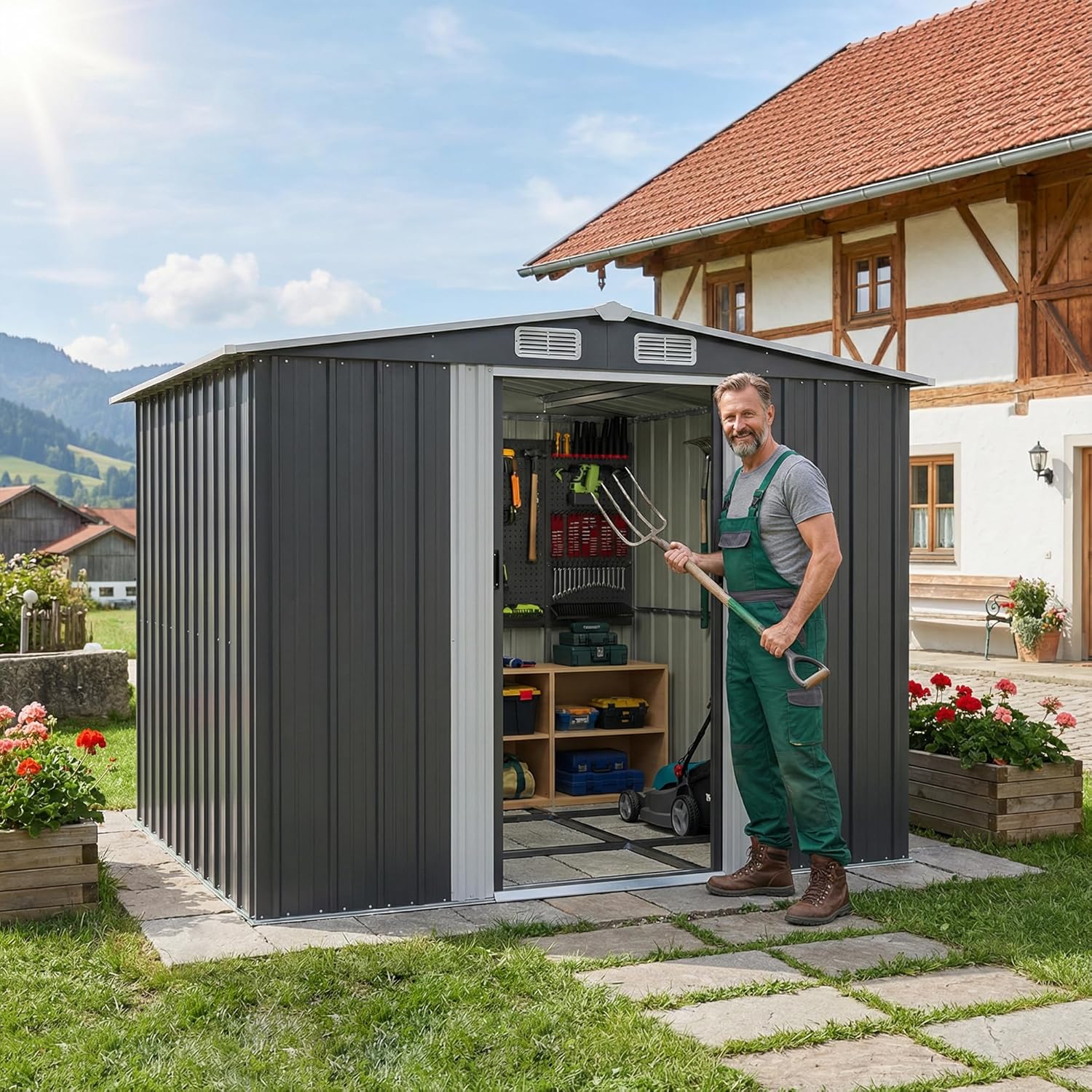 Devoko Abri de Jardin Métallique 8x6ft, Grand Rangement Extérieur pour Outils, Vélos et Poubelles, Toit Penté et Ventilation Inclus, Résistant aux Intempéries, pour Jardin, Terrasse et Pelouse, Noir
