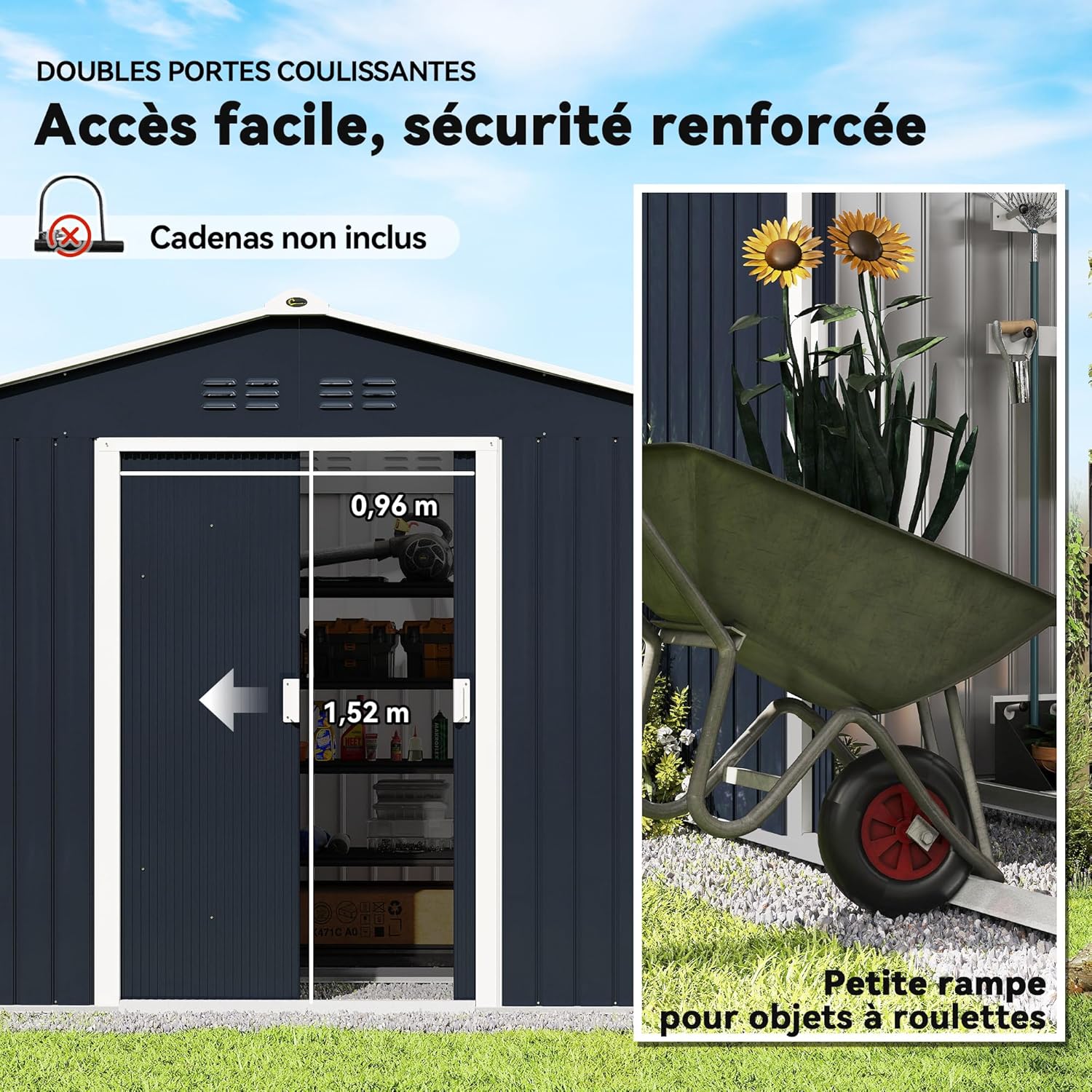 Outsunny - Abri de jardin XXL 5,4m², acier galvanisé, 277x195x192cm