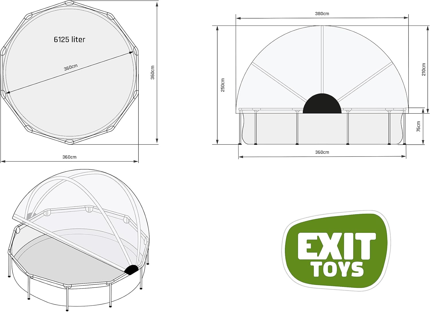 EXIT Toys Piscine Tubulaire Soft Grey avec Dôme Multifonctionnel - ø360x76cm - Piscine Hors Sol Ronde avec Pompe Filtrante à Cartouche - Entrée Basse - Pour l'Eau de la Piscine Propre et Chaude - Gris