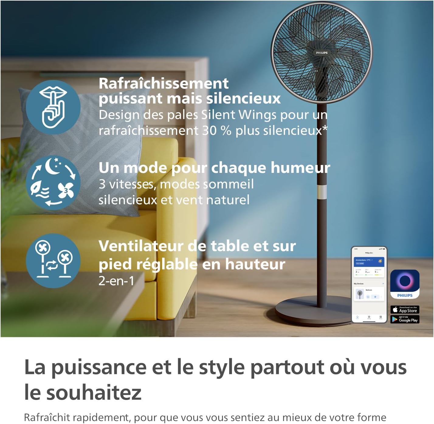 Philips Ventilateur sur pied Série 3000. Puissant et ultra-silencieux. Technologie SilentWings. 19 dB. Ventilateur de Table/sur Pied. Inclinable et Rotatif. Contrôle par App. Noir (CX3550/01)
