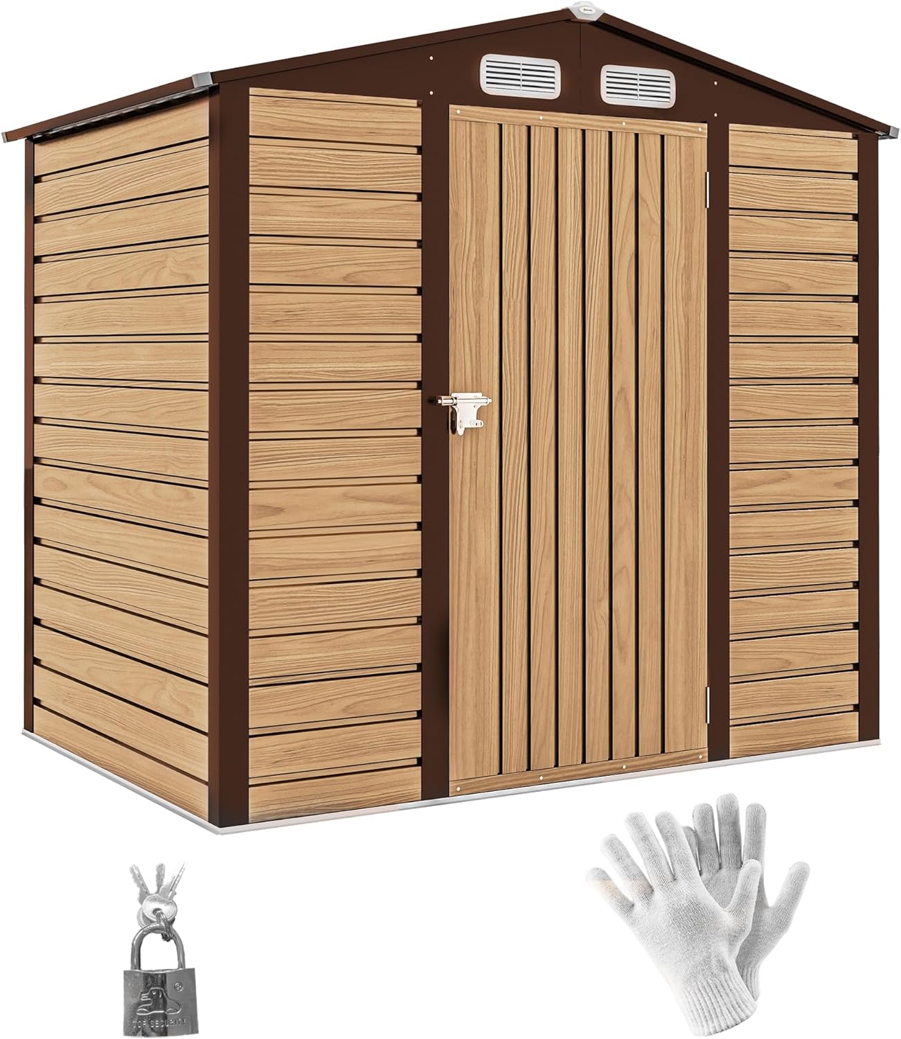 Outsunny Abri de Jardin en métal 2,27 m², Structure en Acier galvanisé améliorée, abri à Outils extérieur, toiture 2 pans avec aérations, Gants et Cadenas Inclus, 190x131x188cm, chêne