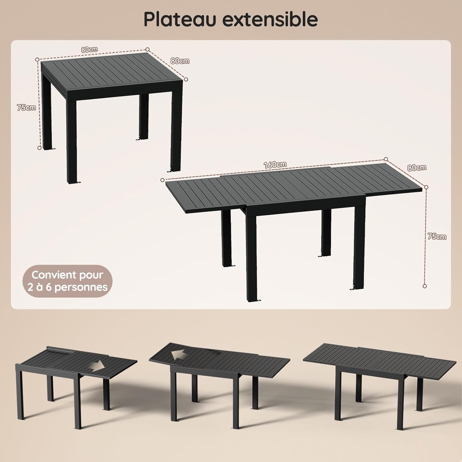 Devoko - Table extensible aluminium - 80/160x80x75 cm - Résistante, gris