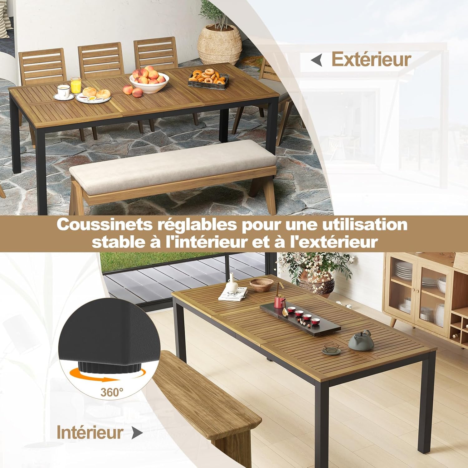 Costway - Table de jardin rectangulaire 200 cm, bois acacia, 8 pers, trou parasol, pieds métal