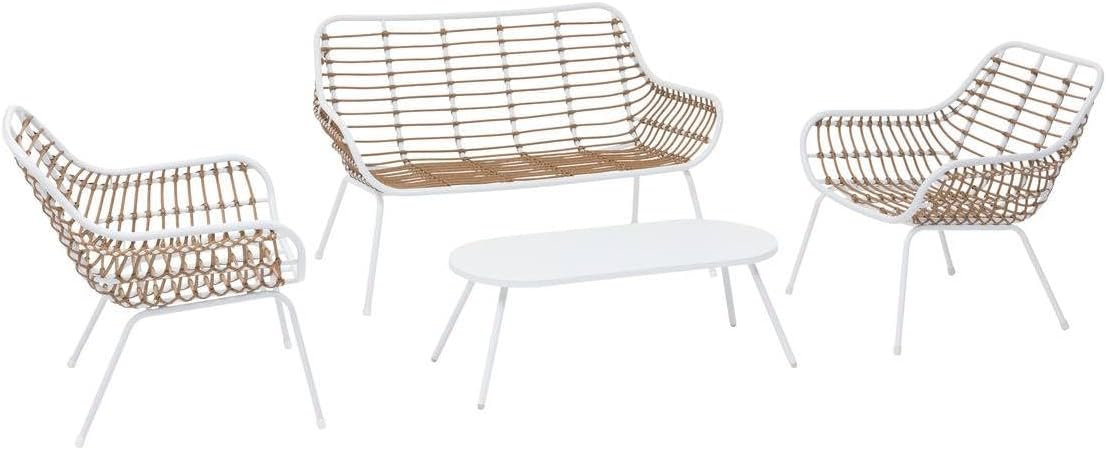 Hespéride - Paopao Salon de Jardin - 4 places - acier epoxy, pieds ajustables - Blanc et Beige