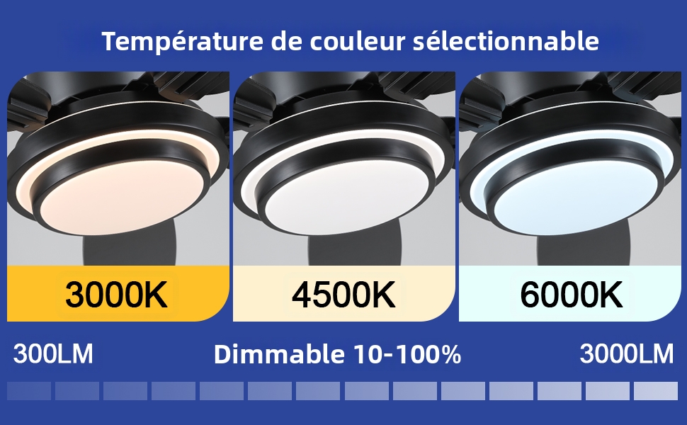 Le texte indique « Température de couleur sélectionnable », « 3 000 K », « 4 500 K », « 6 000 K », « 300 LM », « Dimmable de 10 à 100 % », « 3 000 LM ». Trois plafonniers noirs circulaires présentant des options de couleurs blanc chaud, neutre et froid avec des spécifications de luminosité.