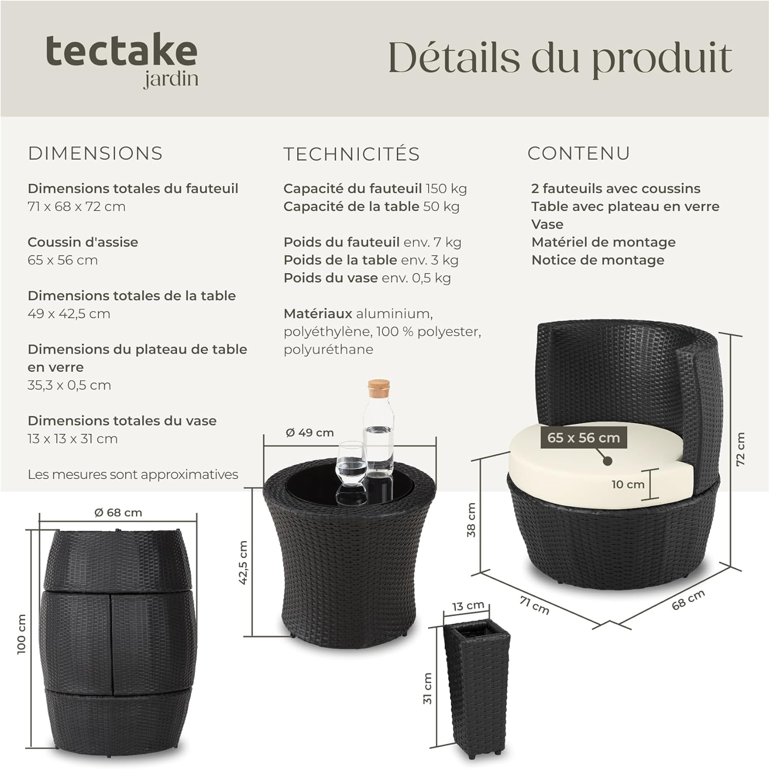 tectake - Salon de jardin 2 places - alu & rotin, table, coussins, pot
