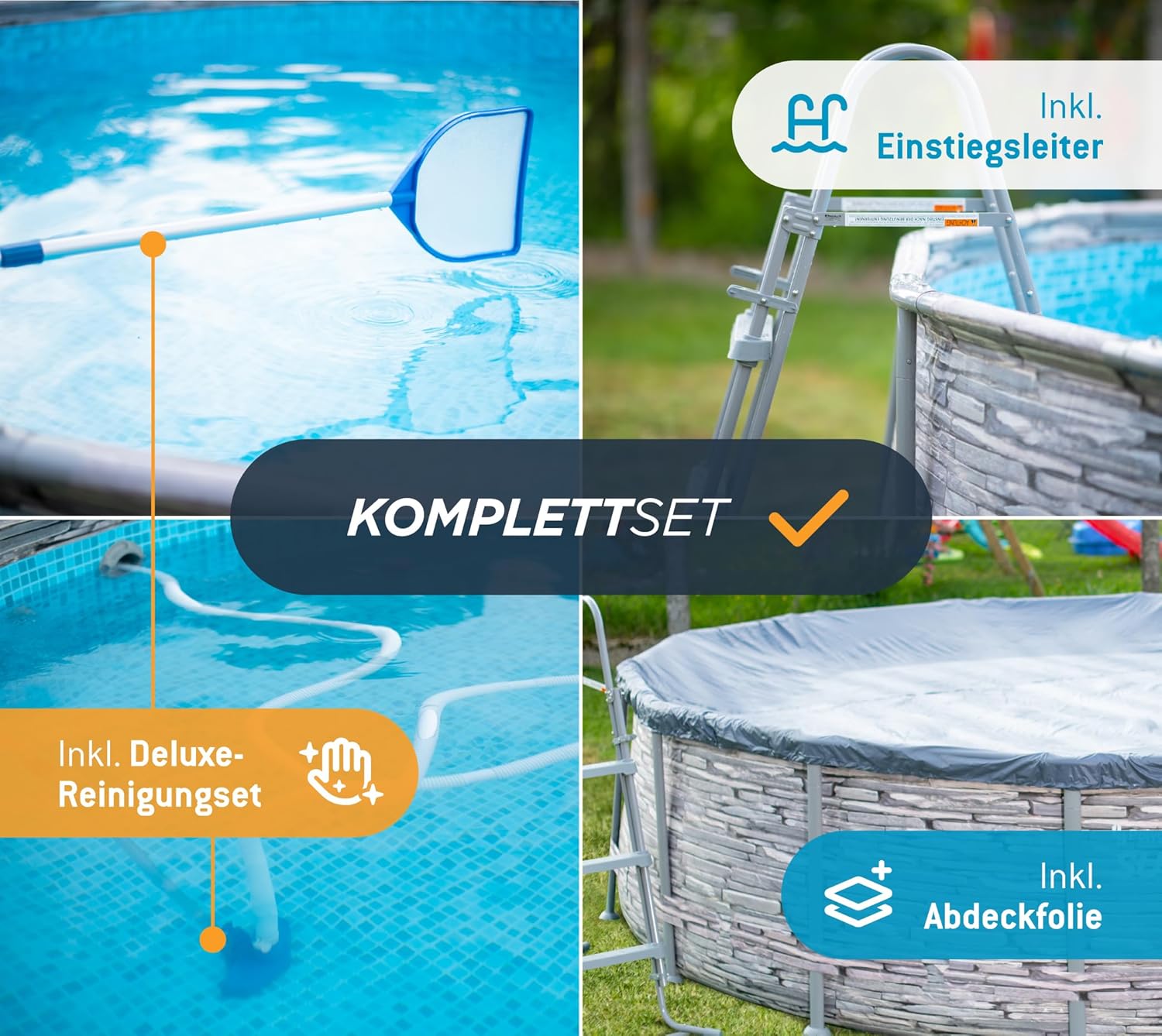 Summer Waves - Frame Pool Kit rond - 427x107 cm - aspect pierre grise, pompe à filtre