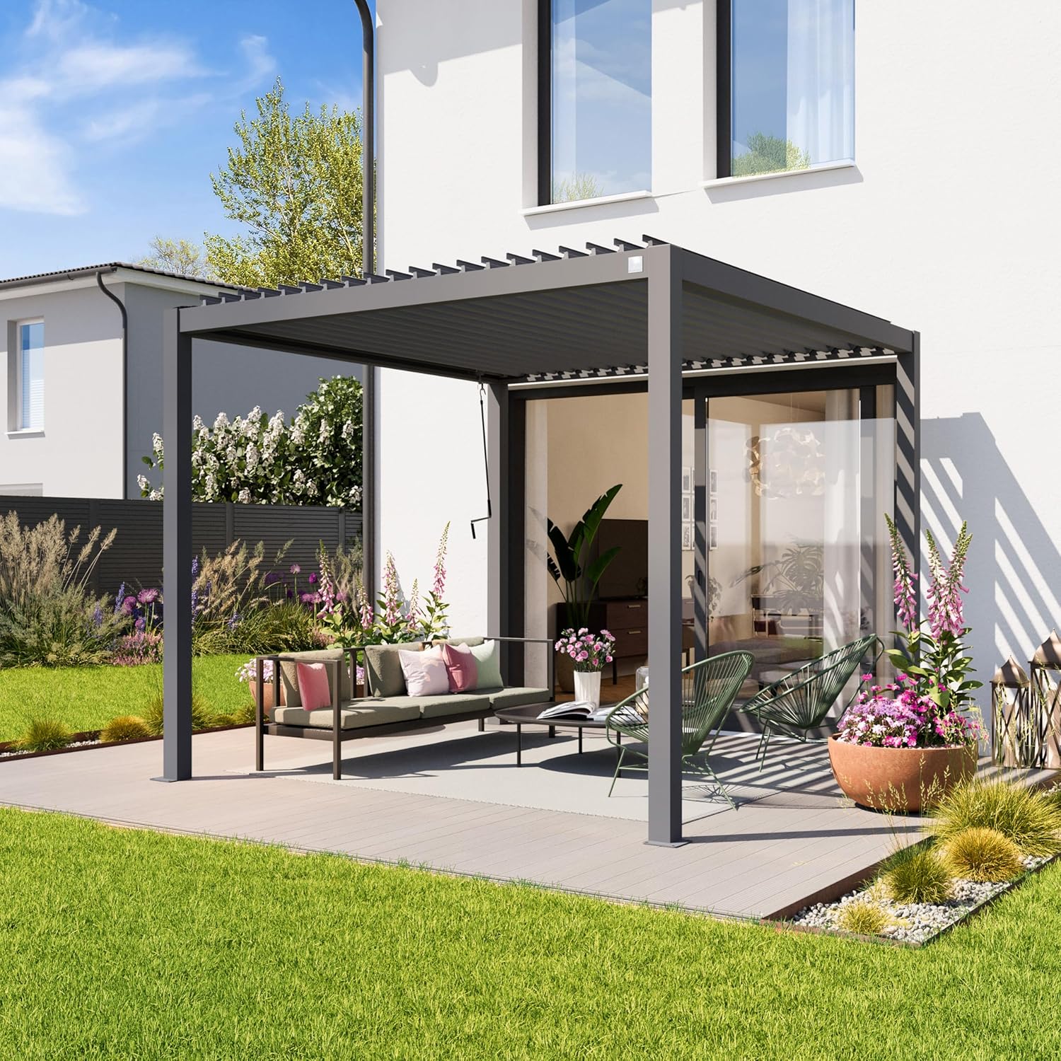 PRIMEYARD - Pergola série aluminium - 3x3 m - Lames acier orientables - Gris