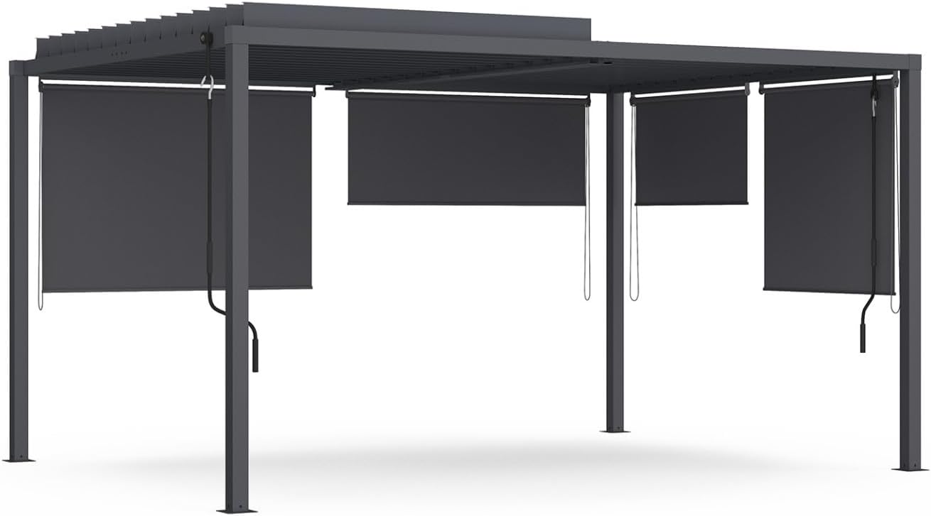 IDMarket - Pergola bioclimatique acier 3x4m, 4 stores, gris anthracite