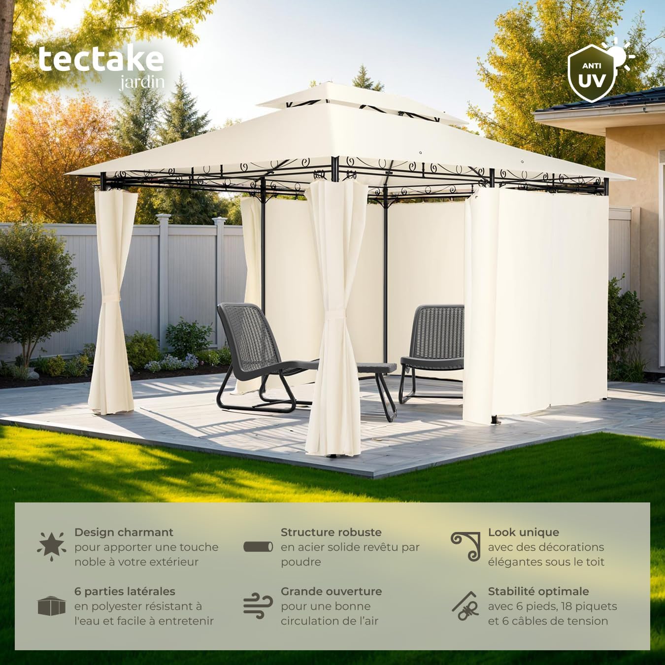 tectake - Tonnelle de jardin acier 4x3m imperméable UVP 50+, rideaux