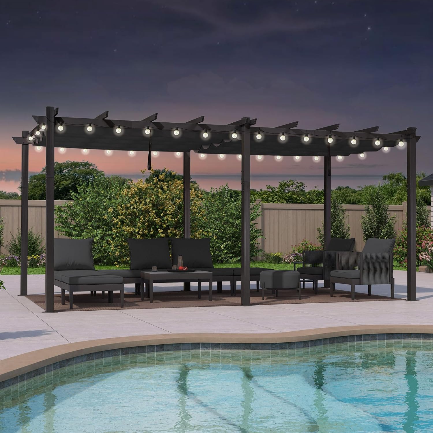 Purple Leaf - Pergola Aluminium 5.5 x 3.5 m - Éclairage LED intégré, toit rétractable, tissu teinté, structure résistant