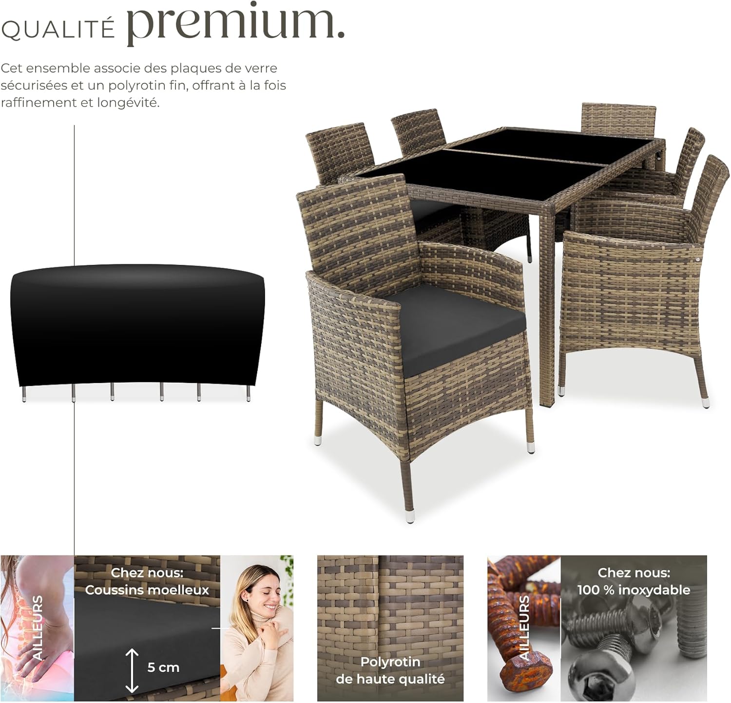 tectake - Salon de jardin poly rotin, 6 chaises confortables, résistant UV, table - 4260624128841