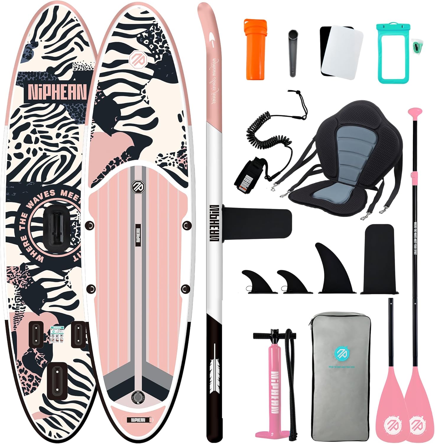 Niphean Paddle Gonflable Adulte avec Tous Les Accessoires, 320cm Planches de Stand Up Paddle Gonflables pour Tous Les Niveaux, Sup avec Capacité 200 kg pour 2 Personnes, Paddle Gonflable avec Siège