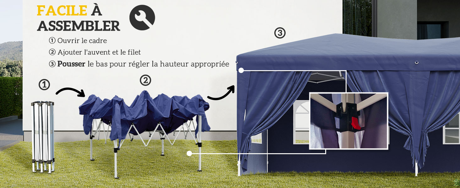 Instructions de montage pour une tente à baldaquin escamotable bleue, montrant trois étapes : déplier le cadre, étendre le auvent et ajuster la hauteur