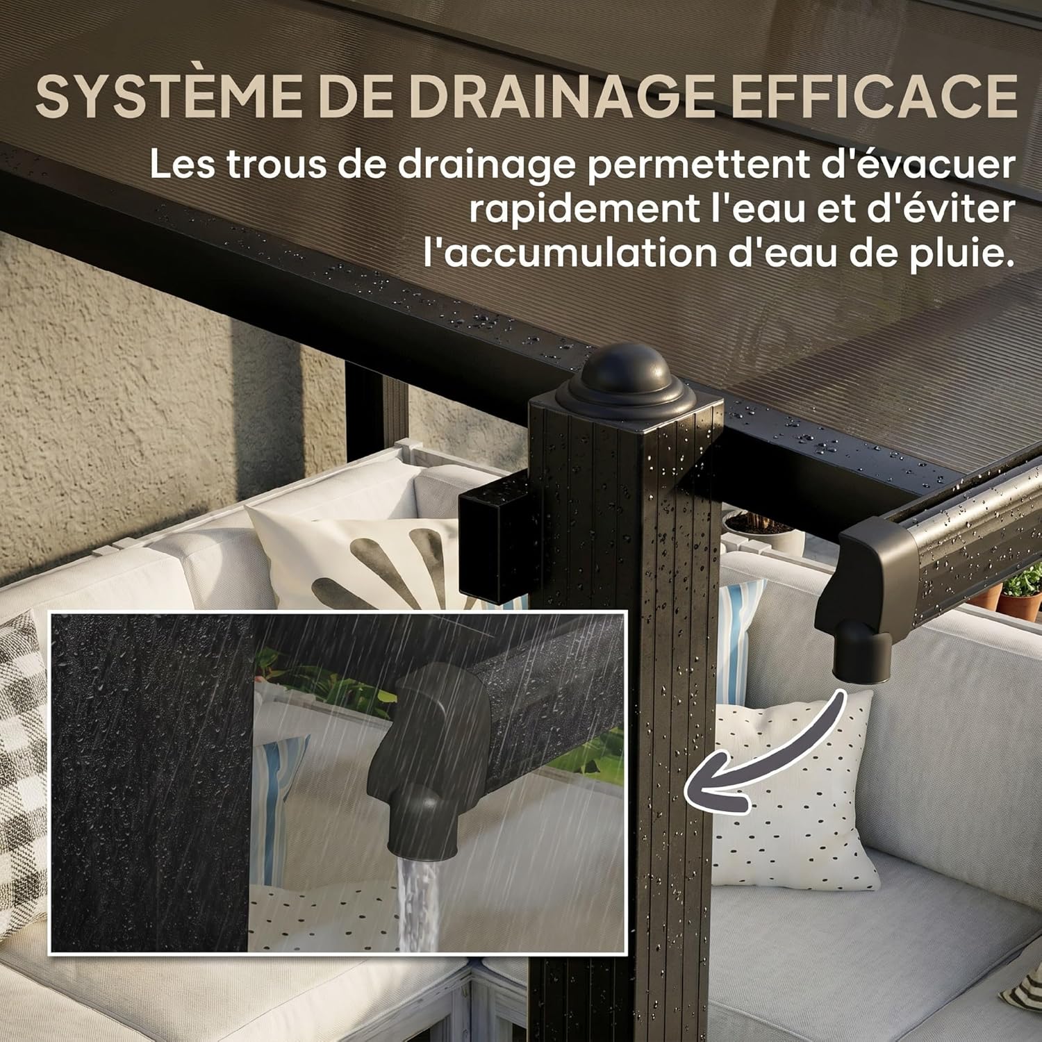 Outsunny - Pergola adossée aluminium - 3x3m - toit polycarbonate, drainage, UPF30+, gris
