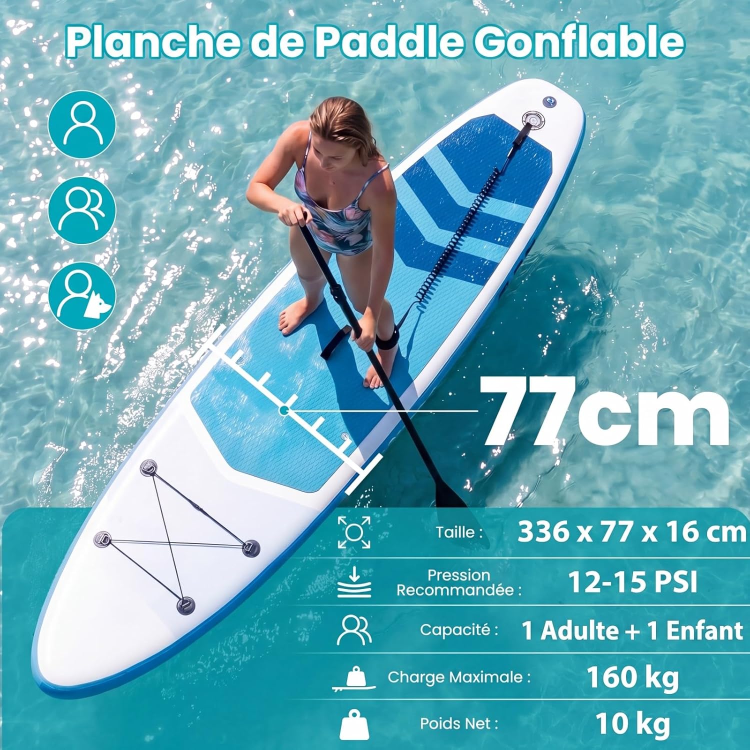 HOMASIS 336 x 77 x 16 cm Planche à Pagaie Gonflable, Planche de Surf avec Pagaie Réglable, Pompe à Main, 3 Ailerons, Anneaux en D & Laisse, Paddle Stand Up Léger pour Surf, Lacs, Mers