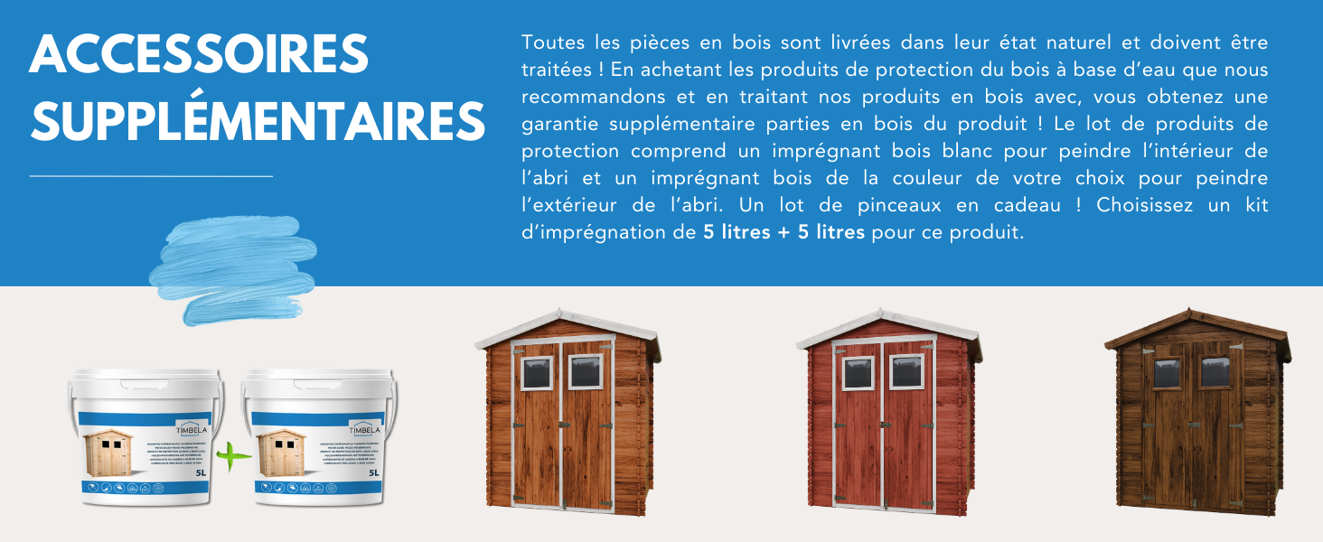 Présentoir de produits présentant des seaux de peinture et des abris de jardin en bois. Différents modèles de cabanons dans différentes tonalités de bois sont présentés aux côtés de contenants de peinture ou de traitement du bois.