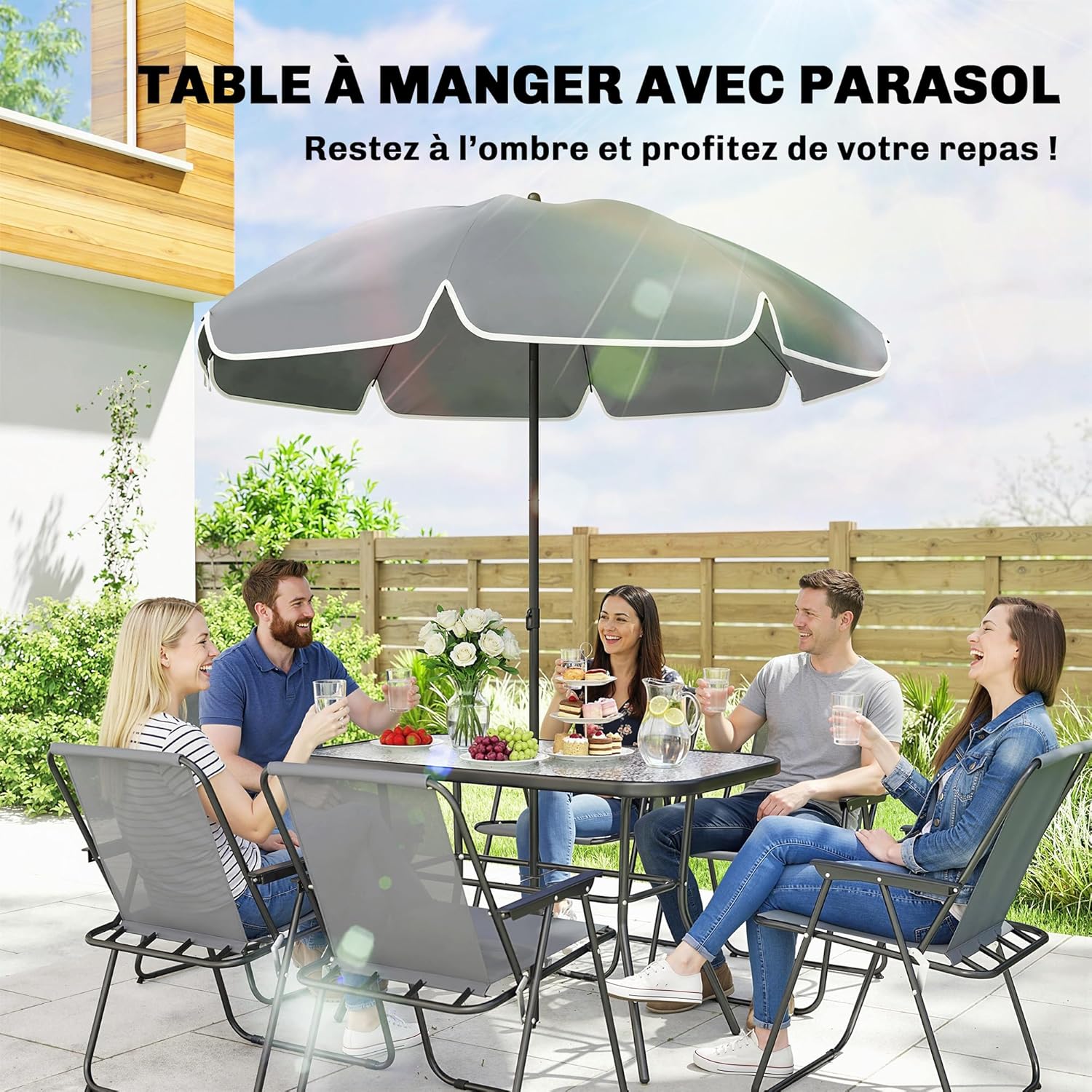 Outsunny - salon de jardin 8 pièces, table verre trempé, acier antirouille, chaises pliantes, parasol, Gris