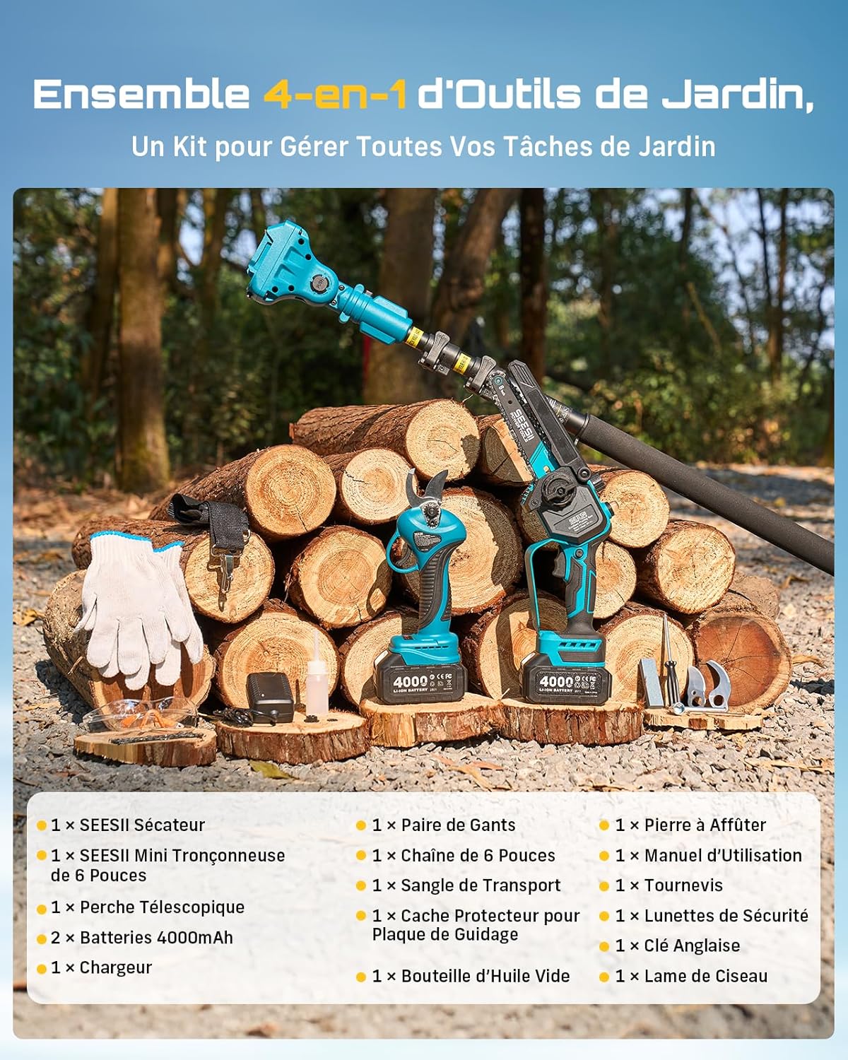 SEESII P6 Combo 6 Pouces Mini Tronconneuse avec Perche & 33 mm Secateur Electrique, 4-en-1 Ensemble d’Outils de Jardin avec 2 * 4000 mAh Batteries, Portée Maximale Jusqu’à 4,57 m