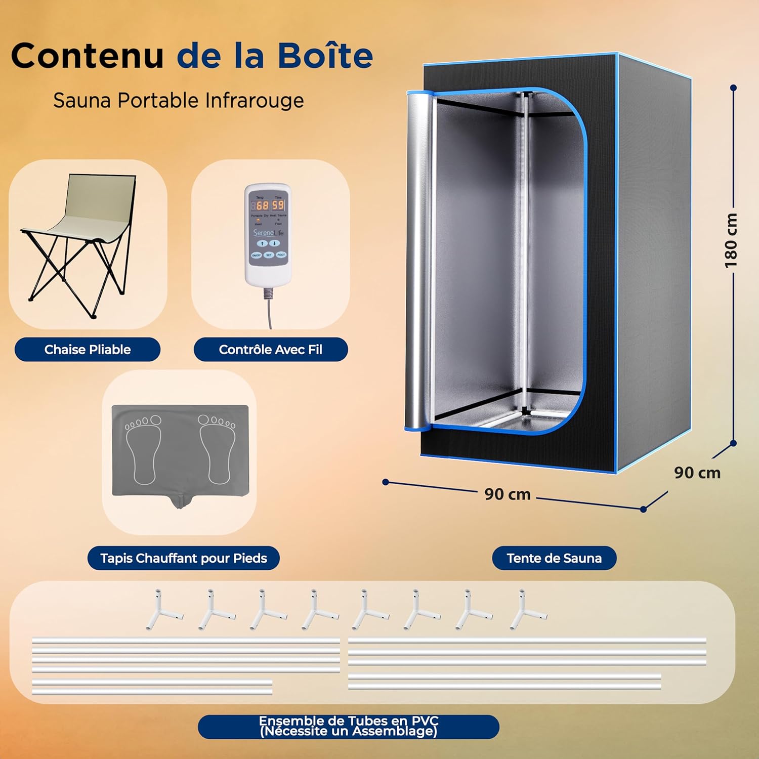SereneLife Sauna Infrarouge Portable – Tente Chauffante Pliable avec Chaise Pliante et Coussin Chauffant pour Les Pieds – Spa Maison – Détox – Perte de Poids
