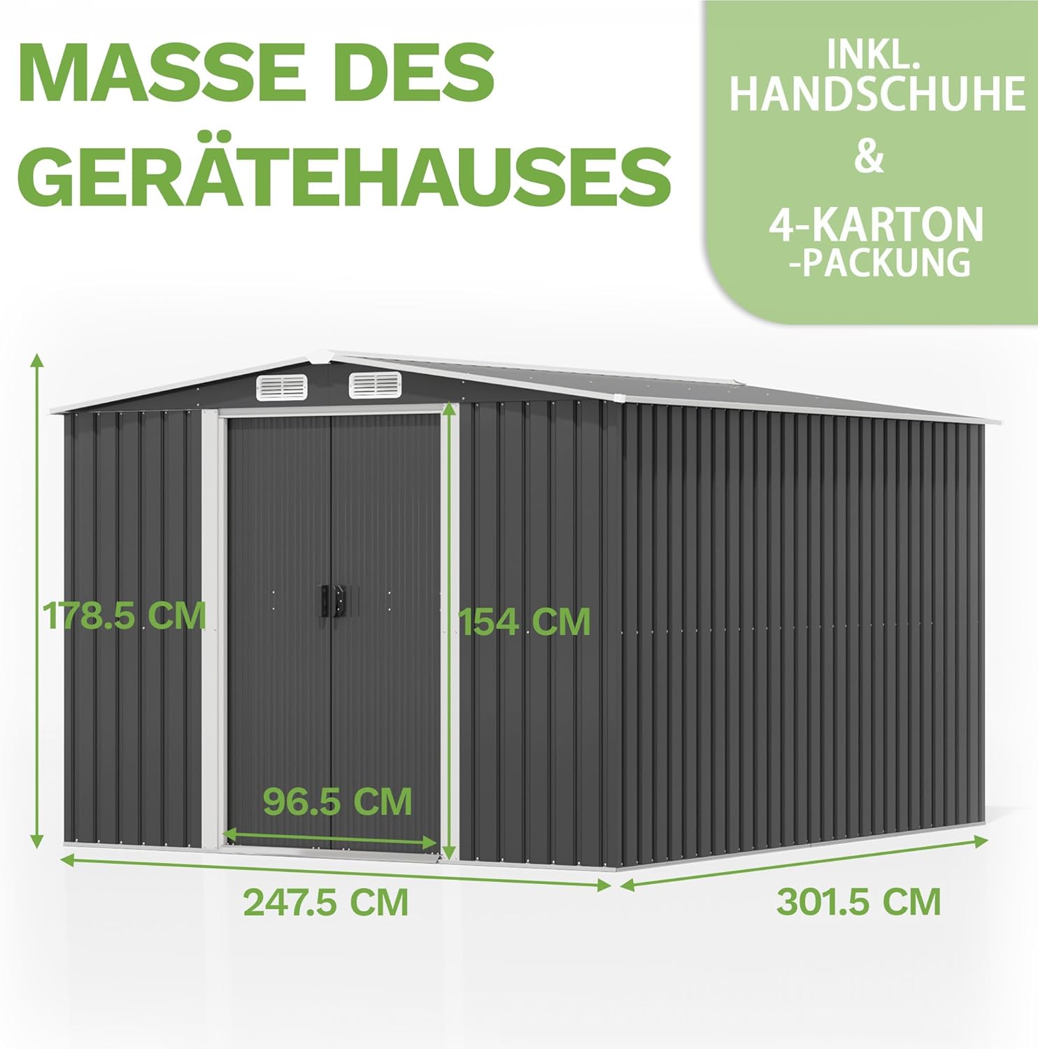 Devoko Abri de jardin en métal 13,2 m³ avec fondation en acier, 247x301x178 cm Grand abri de jardin avec structure de toit stable, extérieur, résistant aux intempéries pour tondeuses et vélos