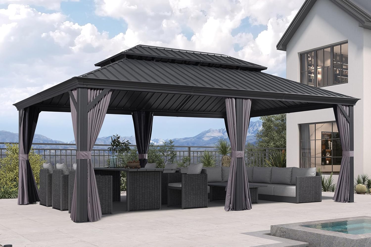 PURPLE LEAF - Pergola Série Extérieur - 6x4m - Toit acier, moustiquaire, rideaux, gouttière