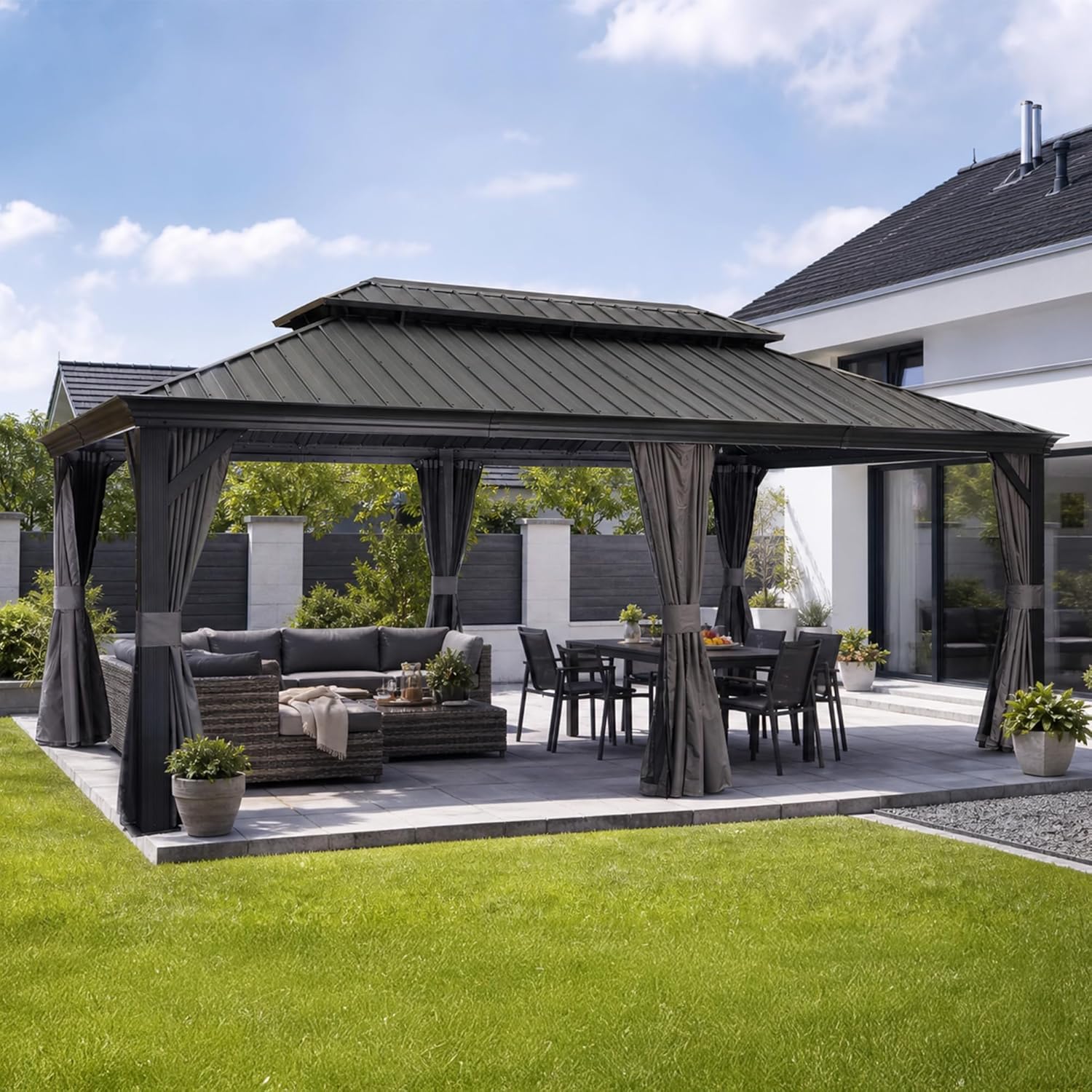 PURPLE LEAF - Pergola double toit acier - 6x3,65m - moustiquaire, rideaux, gouttière, poteaux renforcés