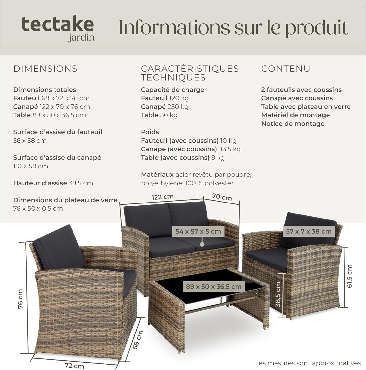 tectake - Salon de jardin 4 places, coussins inclus, résine tressée, marron