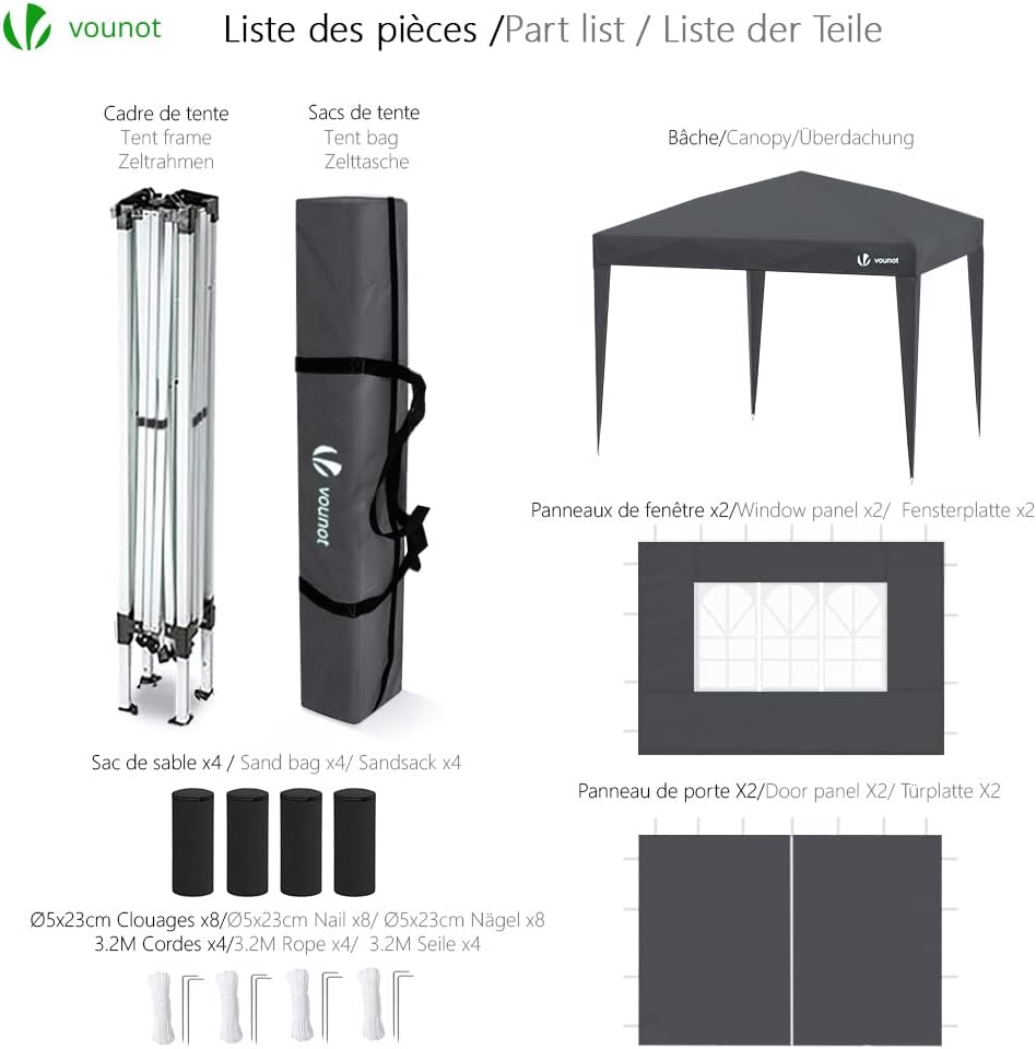 VOUNOT - Tonnelle pliante jardin - 3x3m - 4 côtés, sacs de sable, housse