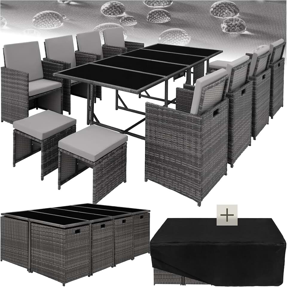 tectake - Salon Résine Tressée, 8 chaises, 4 tabourets, table, gris