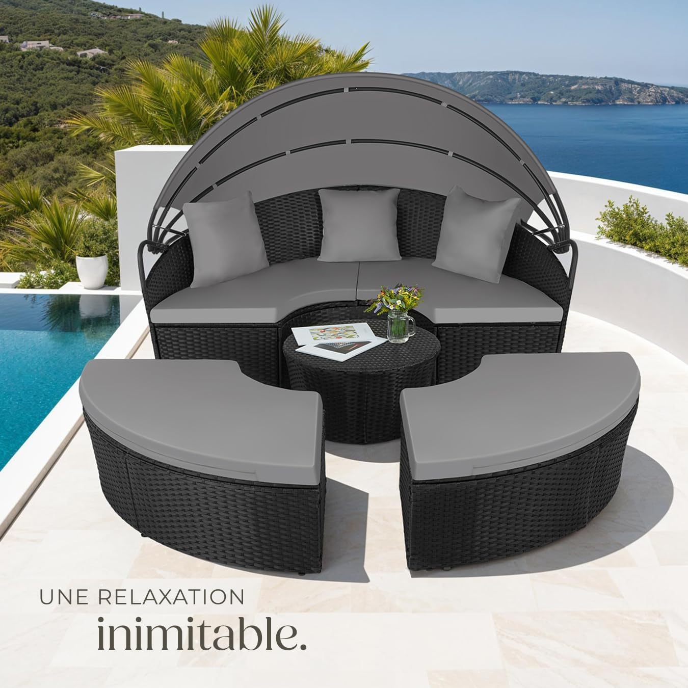tectake - Bain de soleil modulable résine tressée, coussins, pare-soleil, dimensions relax pour jardin terrasse
