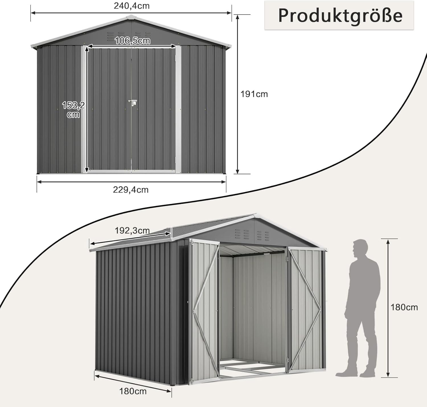 KOMHTOM - abri de jardin métal, 8x8, acier galvanisé, portes verrouillables, cadre inclus - 8X8