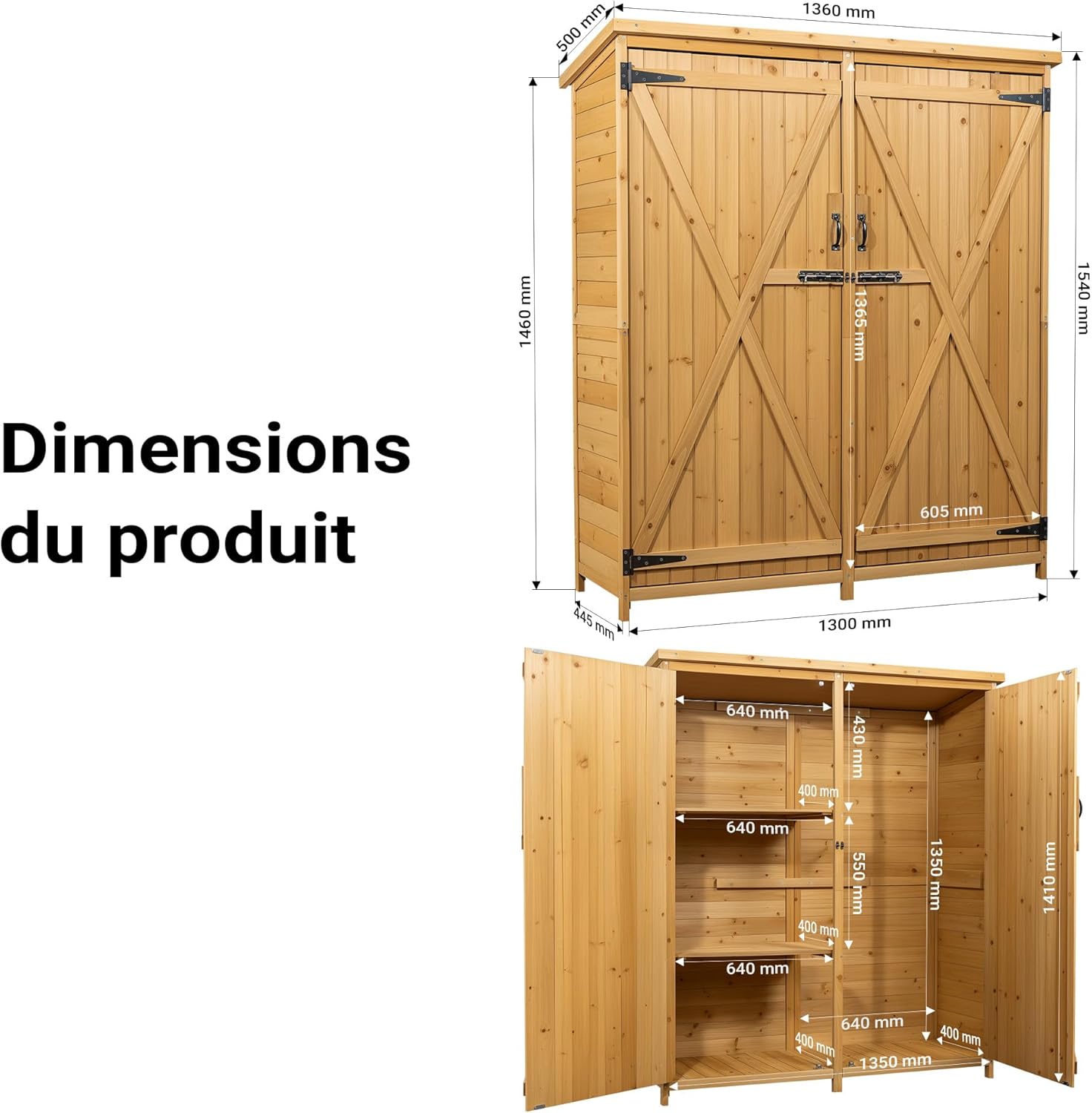 Wiltec Abri de Jardin – 1350 x 500 x 1540 mm – en Bois d’Épicéa – avec Toit en Bitume et 2 Portes – Cabane Remise pour Rangement Outils pour Jardin, Terrasse & Balcon