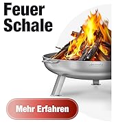 Le texte indique « Feuer » et « Schale » avec le bouton « Mehr Erfahren ». Les images montrent un bol à feu extérieur ou une fosse à flammes actives dans une construction en acier inoxydable.