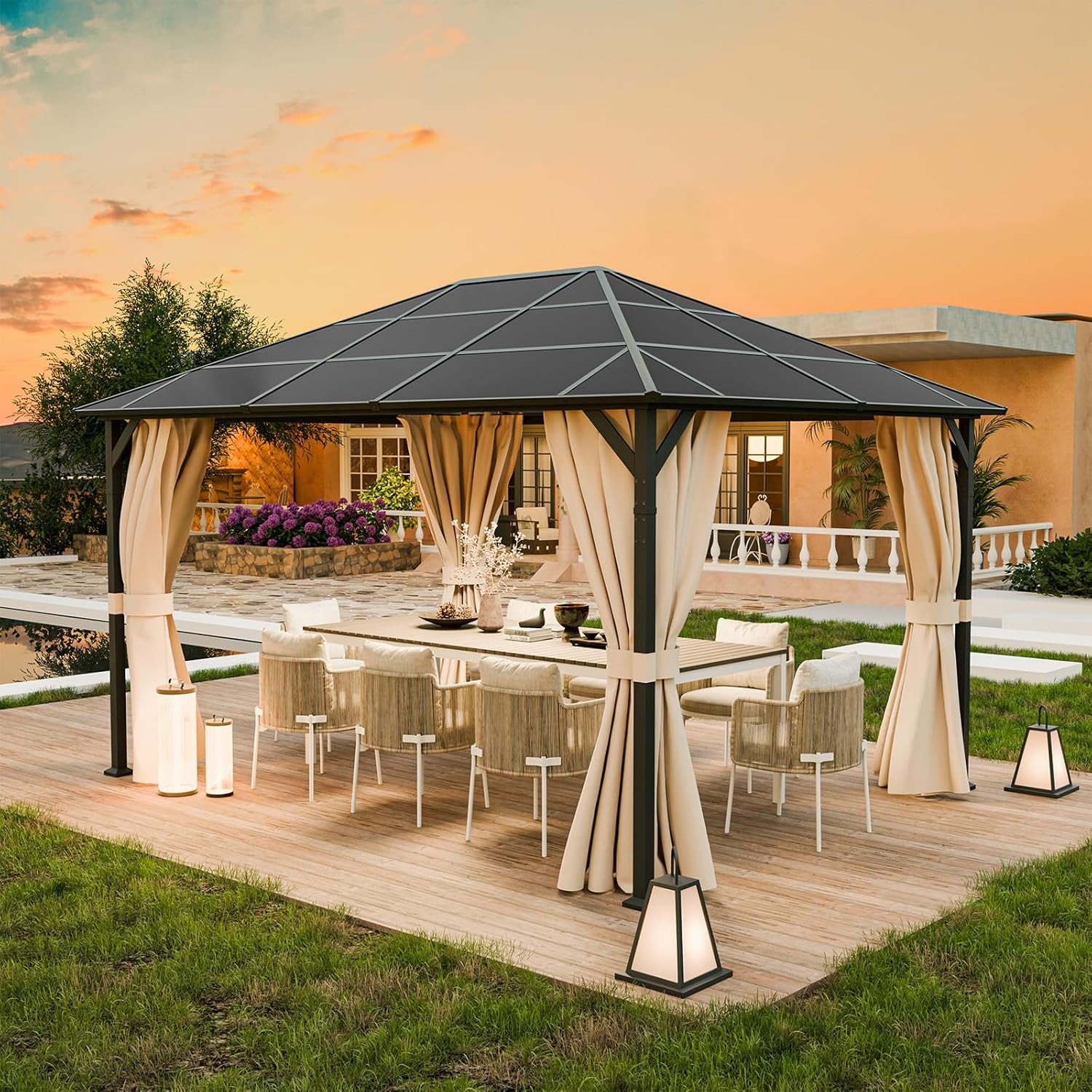 UDPATIO - tonnelle imperméable 3x4m avec rideaux, toit UV - Beige