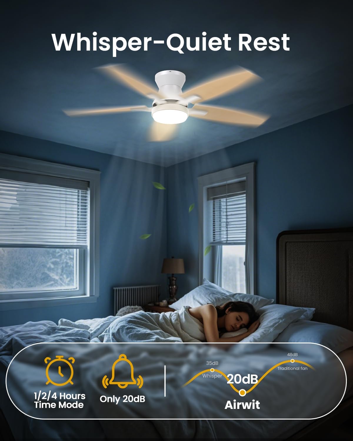 Airwit 106cm Silencieux Ventilateur Plafond avec Lumiere, Double Face Pale Lampe Ventilateur de Plafond LED avec Telecommande et Réversible DC Moteur pour Chambre Salon Cuisine, 6 Vitesses