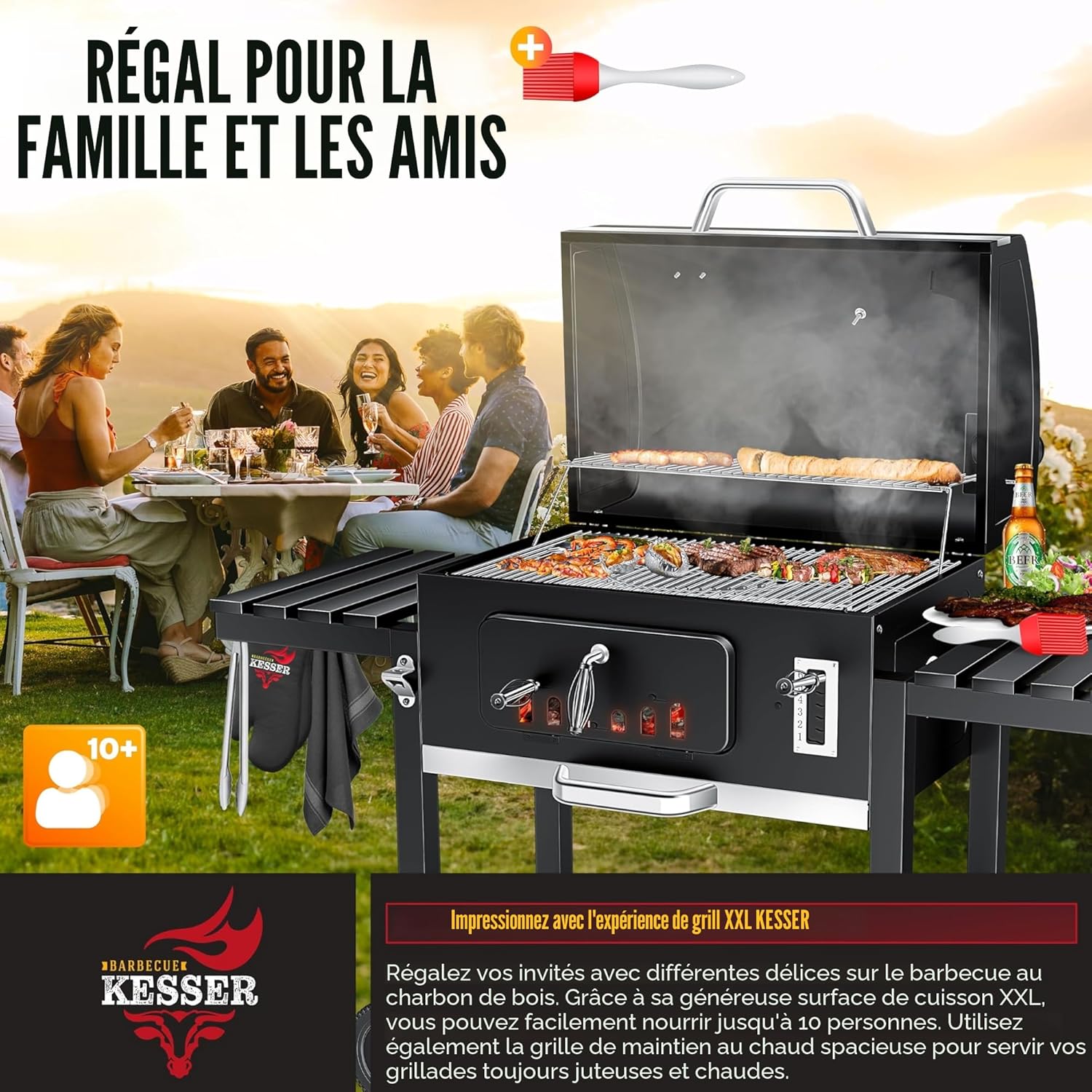 KESSER - barbecue charbon XXL - sur pied, thermomètre, 8 brochettes