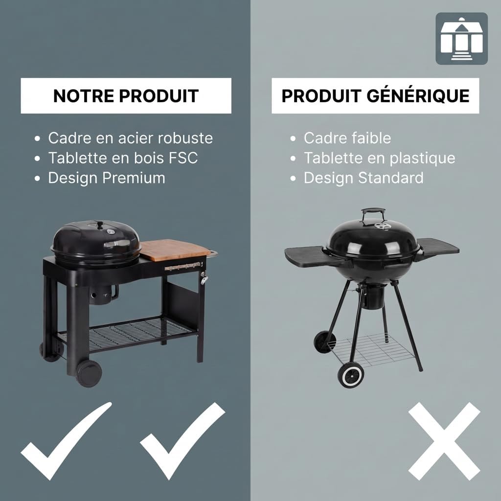 Tarrington House - Barbecue Calgary - acier/bois - couvercle thermomètre, tablettes, 2 roues, noir