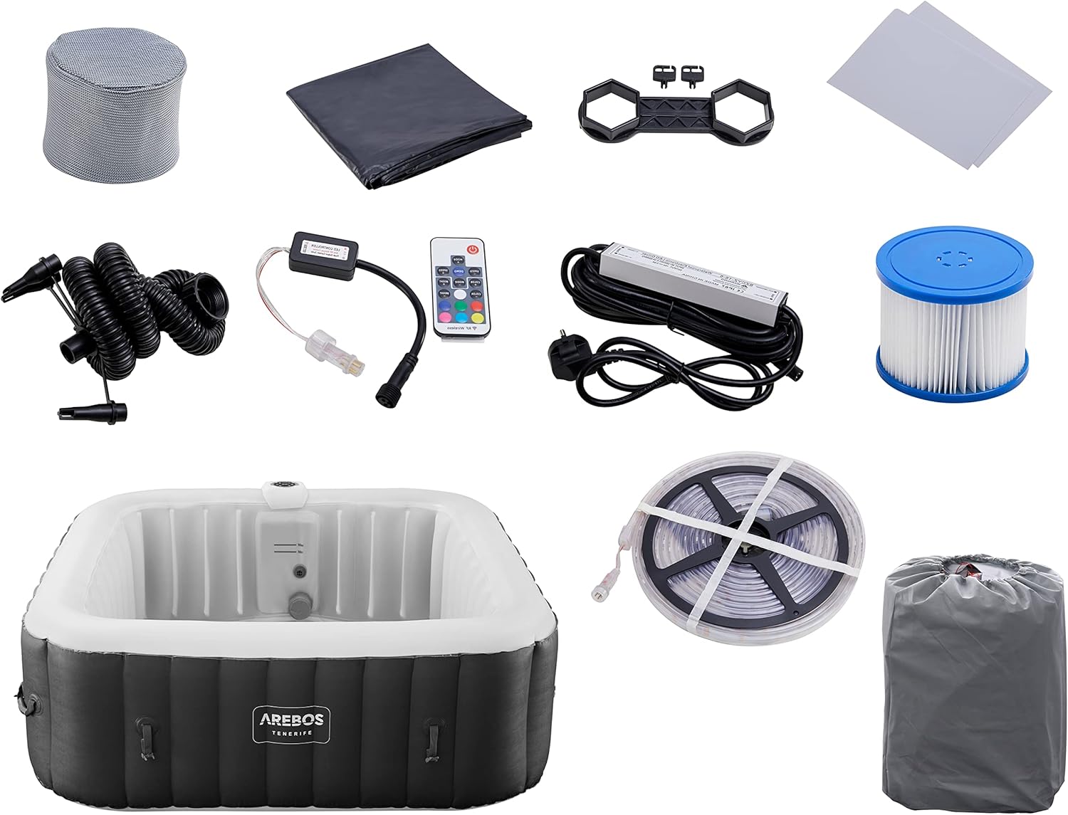 Arebos - Spa gonflable LED, 185x185cm, 6 pers, 130 jets massage