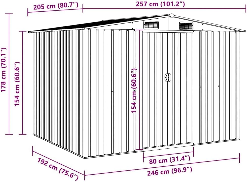 Abri de jardin métal vert - 257x205x178 cm - grande capacité de stockage