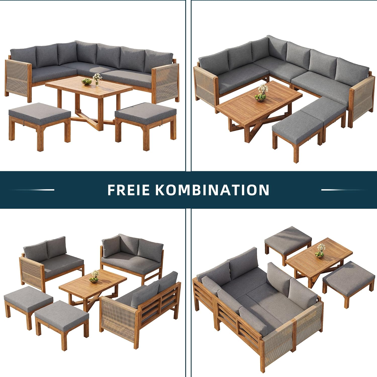 Sapgaks - Salon de Jardin E-Gris - 6 places modulable bois acacia, coussins, table et 2 tabourets