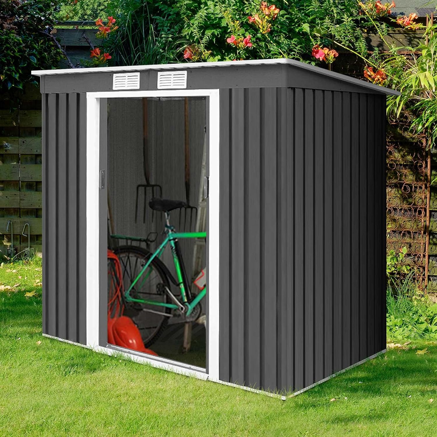 GOPLUS 2,37M² Abri de Jardin en Acier Galvanisé Résistant 4,1m³, 213x130x173CM, Cabane de Jardin Exterieur avec 2 Portes Coulissant, 2 Aérations, Toit Incliné, Rangement Outils pour Pelouse, Patio