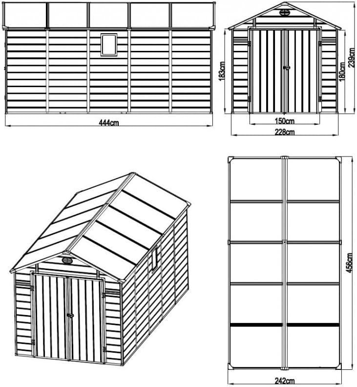 Jôbu - Abri de Jardin Résine Série 11m² Gris, double pente, kit fondation, anti-neige
