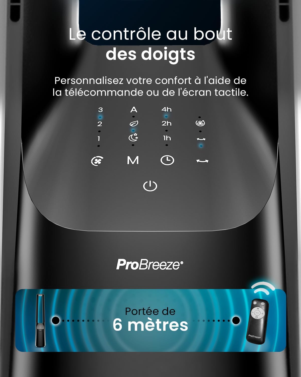 Pro Breeze Ventilateur Colonne Sans Pale - Ventilateur Tour Silencieux, Hauteur 101 cm avec 6 Vitesses, Oscillation 60°, Ventilateur Sans Lame Rafraichisseur d'Air Bladeless Noir